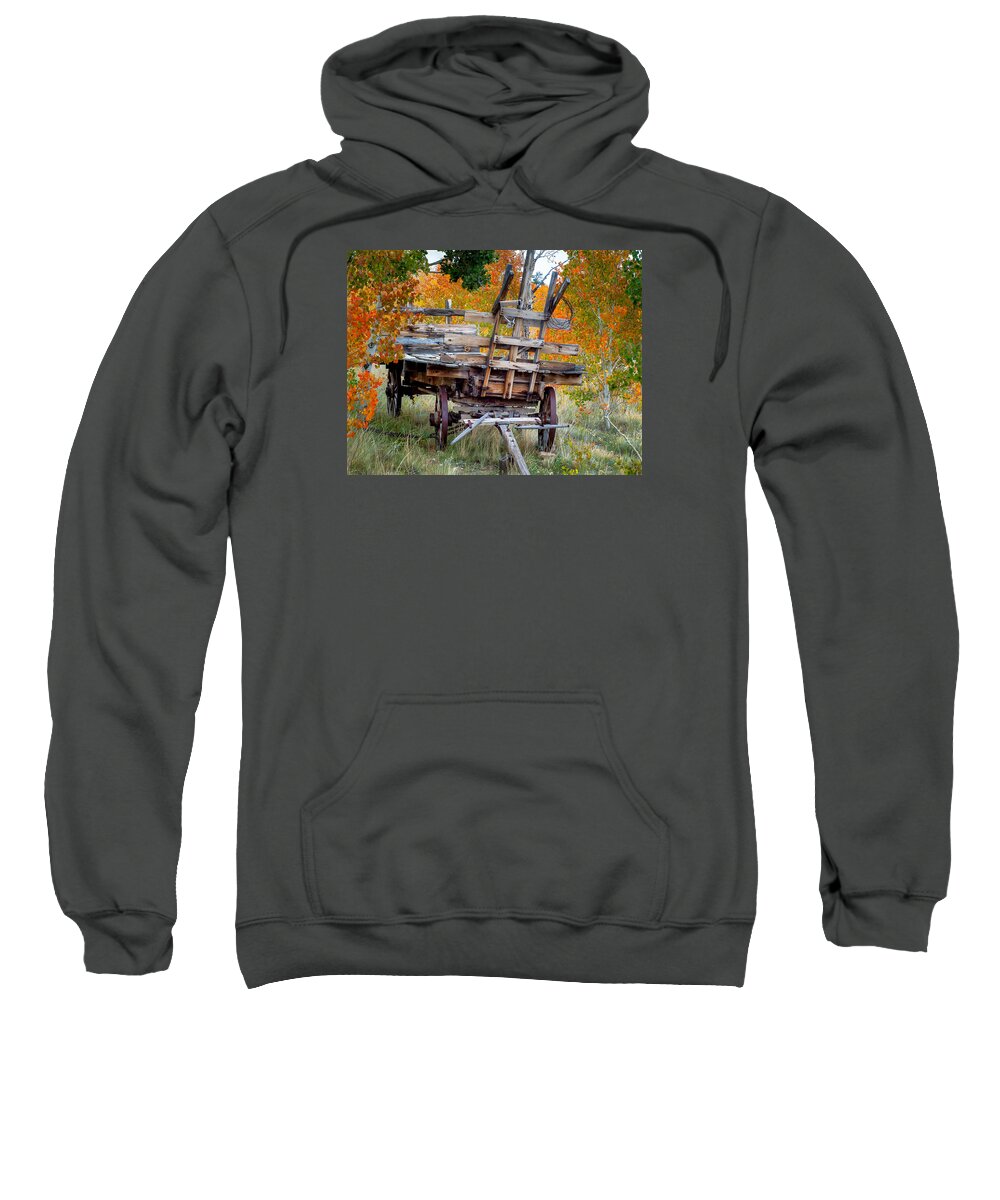 Aspens Sweatshirt featuring the photograph Aspens and Old Wagon by Joan Baker