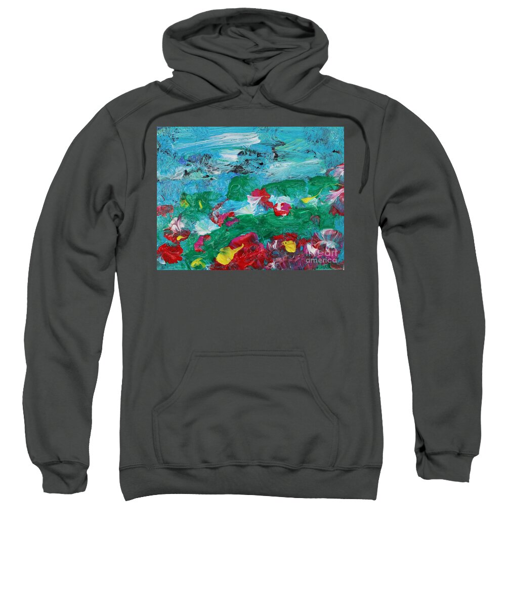 Bliss Contentment Delight Elation Enjoyment Euphoria Exhilaration Jubilation Laughter Optimism  Peace Of Mind Pleasure Prosperity Well-being Beatitude Blessedness Cheer Cheerfulness Content Deliriums Ecstasy Enchantment Exuberance Felicity Gaiety Geniality Gladness Hilarity Hopefulness Joviality Lighthearted Merriment Mirth Joy Happy Sweatshirt featuring the painting Delight by Sarahleah Hankes