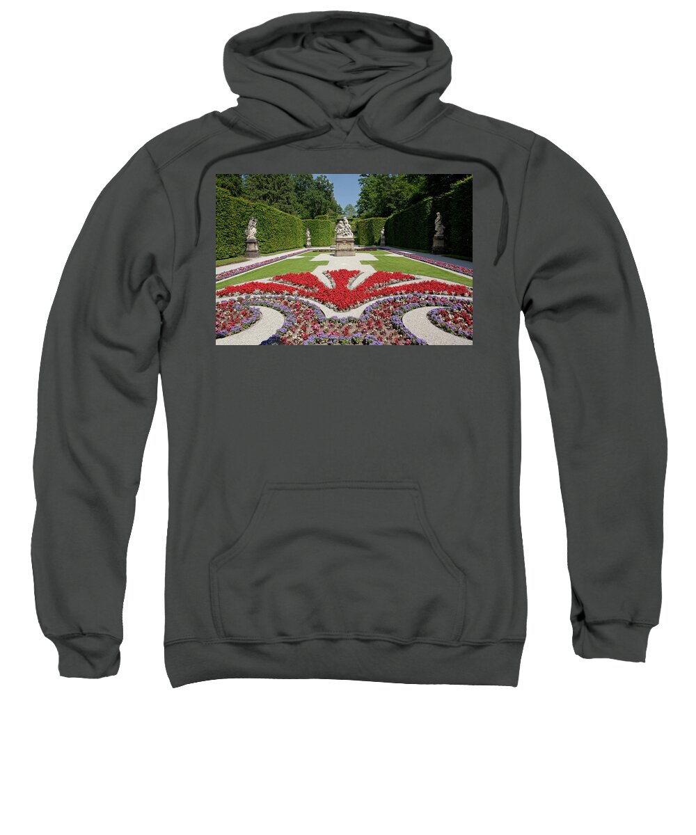 Flowerbeds Sweatshirt featuring the photograph Flowerbeds and Sculptures in Eastern Parterre #1 by Aivar Mikko