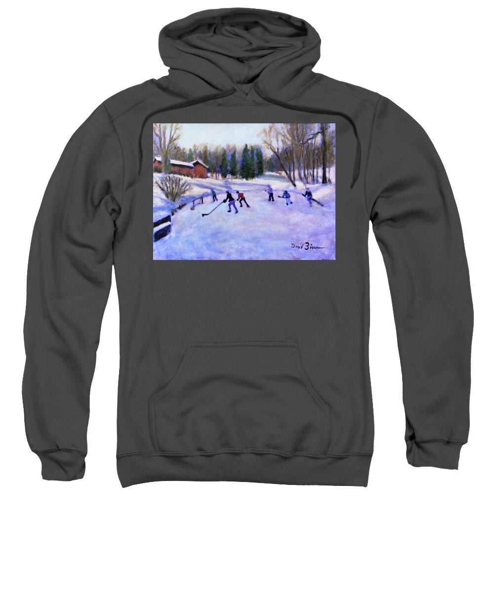 Pick Up Hockey Game Sweatshirt featuring the painting Pond Rockets #1 by David Zimmerman