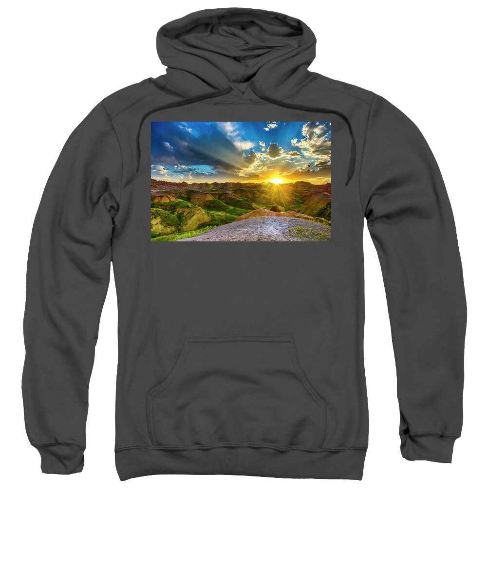 Badlands National Park Sweatshirt featuring the photograph Sunset over Badlands NP Yellow Mounds Overlook by Donald Pash