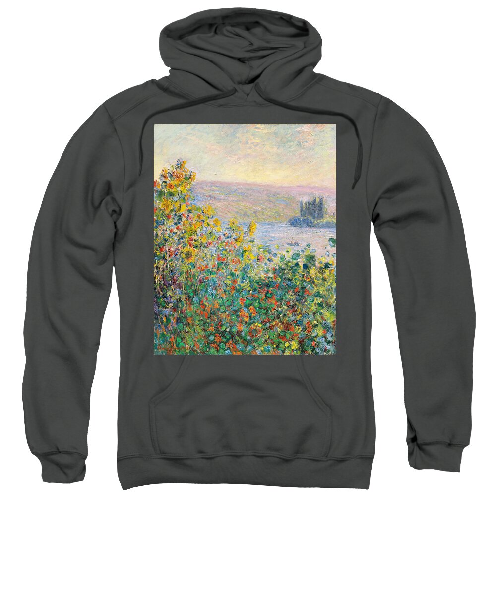 Claude Monet Sweatshirt featuring the painting Flower Beds at Vetheuil #7 by Claude Monet