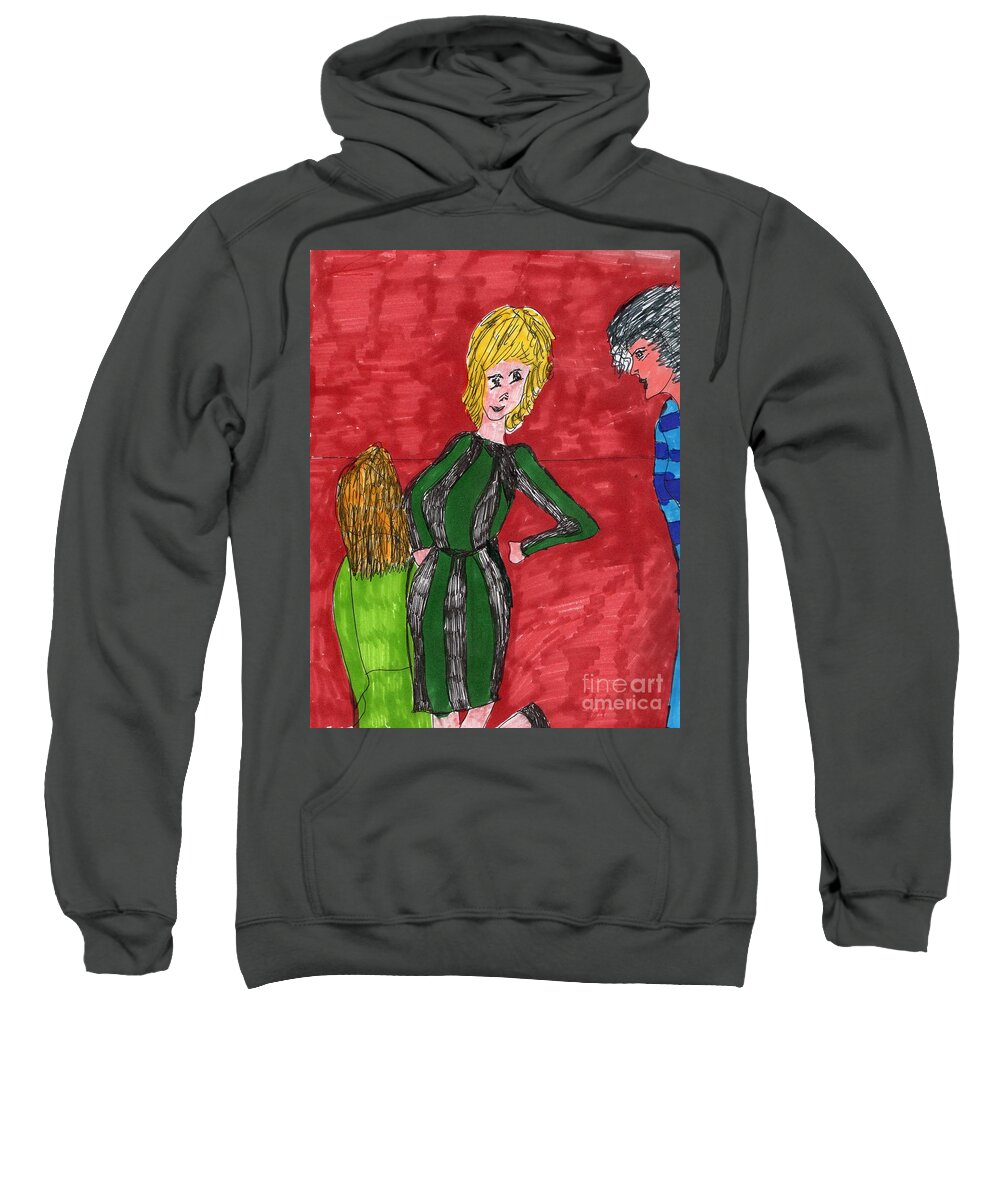 Red Background Girl In Black And Green Stripped Dress Sweatshirt featuring the mixed media A Fashion Kick by Elinor Helen Rakowski