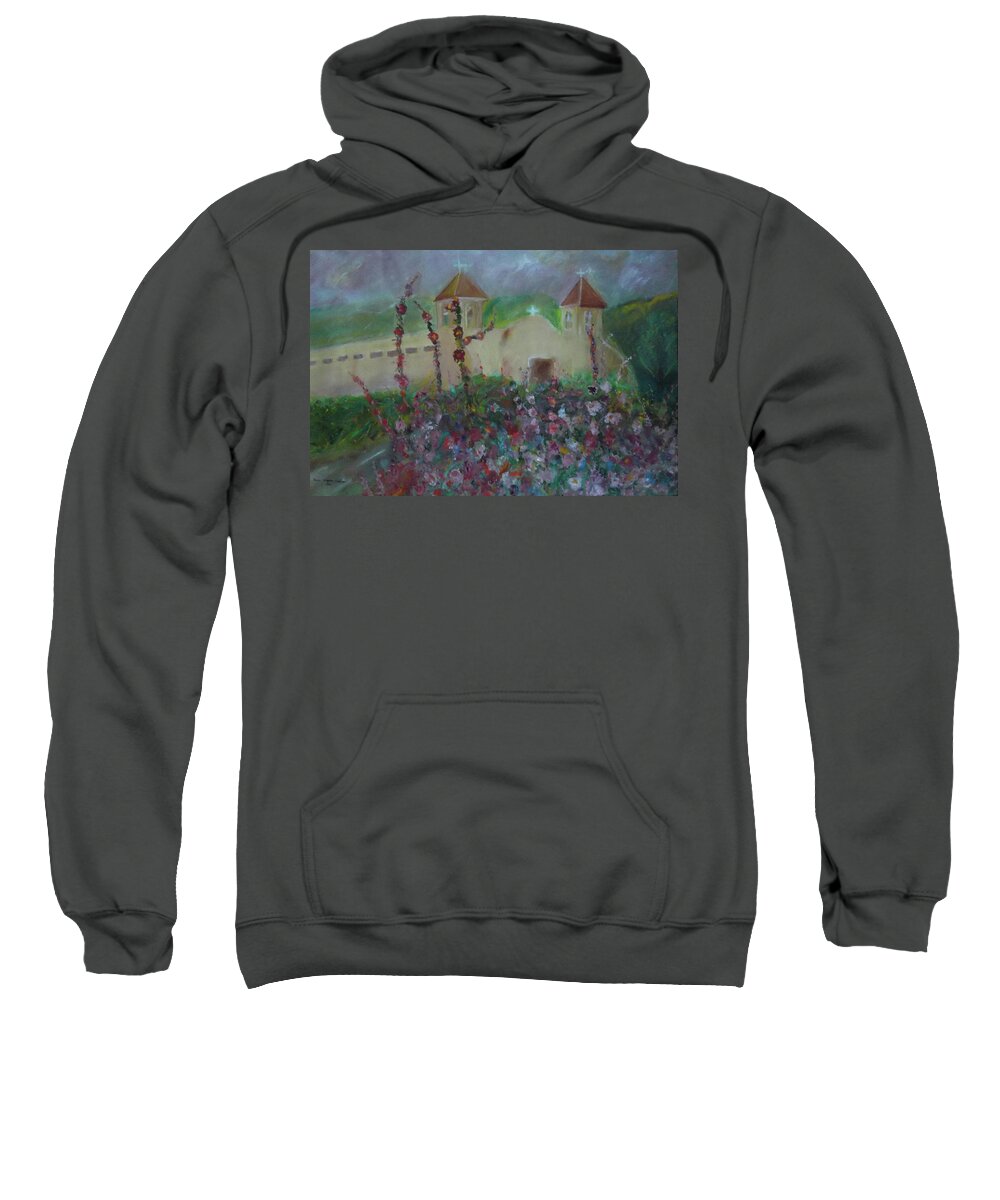 Spanish Mission Sweatshirt featuring the painting Adobe Spring Mission by Susan Esbensen