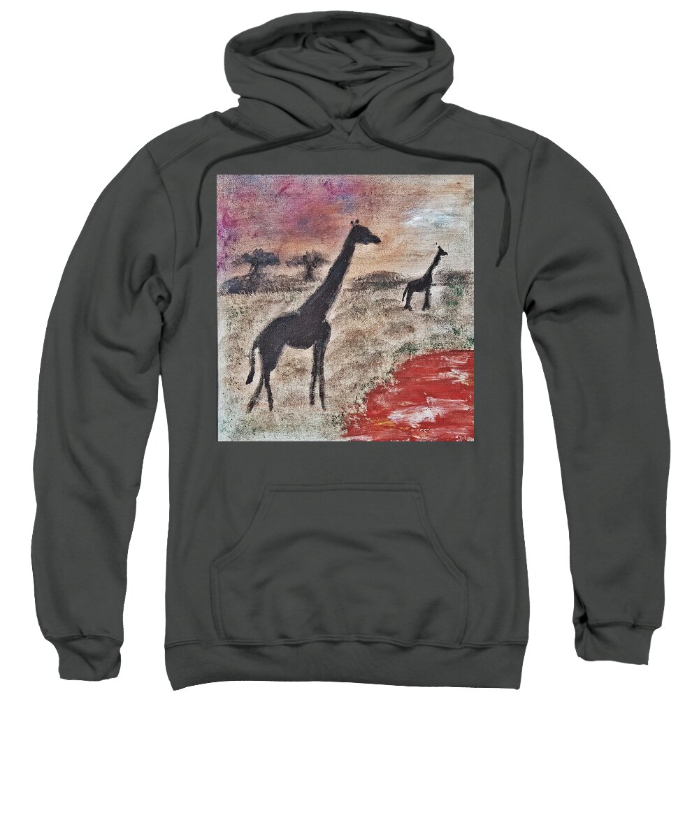 African Landscape Sweatshirt featuring the painting African Landscape giraffe and banya tree at watering hole with mountain and sunset grasses shrubs sa by MendyZ