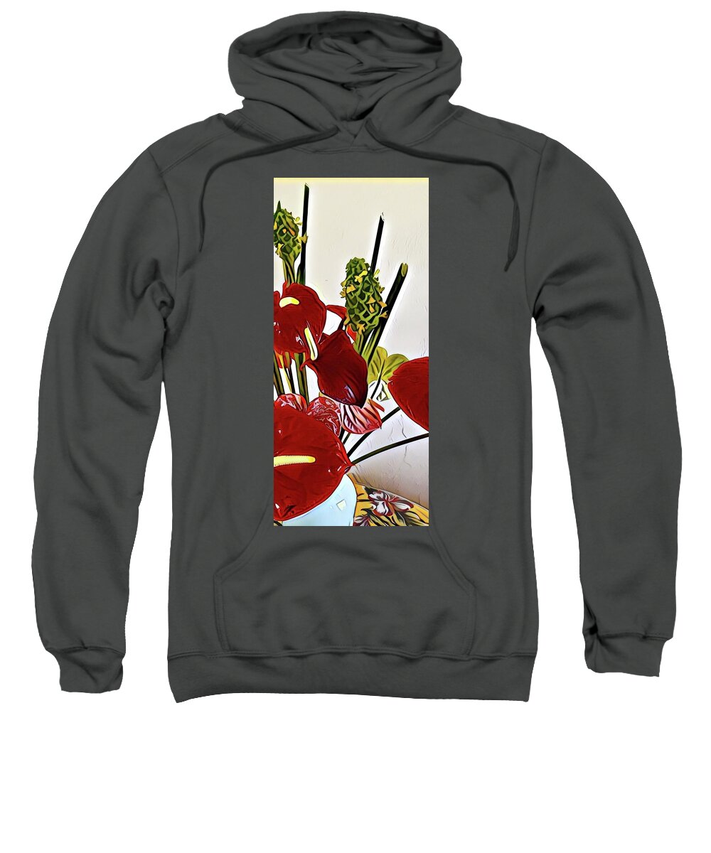 #aliohabouquetoftheday #anthuriums #apportion #greenginger #darkred Sweatshirt featuring the photograph Aloha Bouquet of the Day - Anthuriums in Darkl Red with Green Ginger - a Portion by Joalene Young