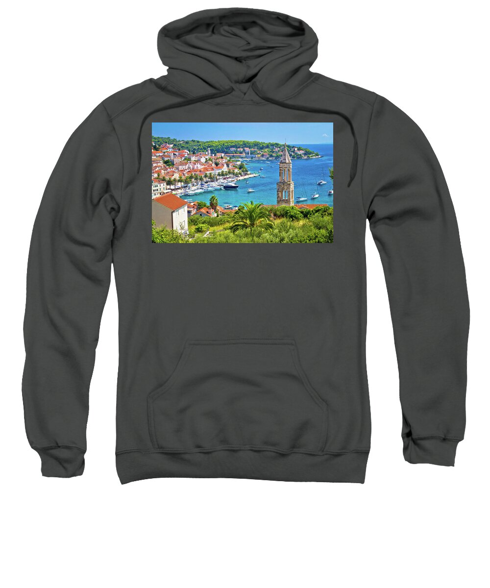 Panorama Sweatshirt featuring the photograph Amazing town of Hvar harbor aerial view by Brch Photography
