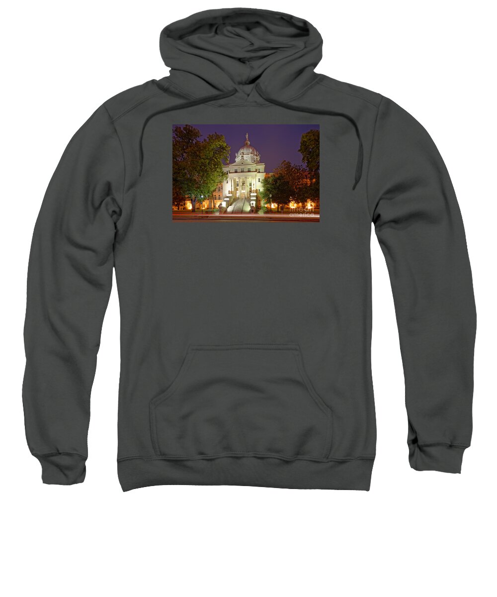 Downtown Sweatshirt featuring the photograph Architectural Photograph of McLennan County Courthouse at Dawn - Downtown Waco Central Texas by Silvio Ligutti