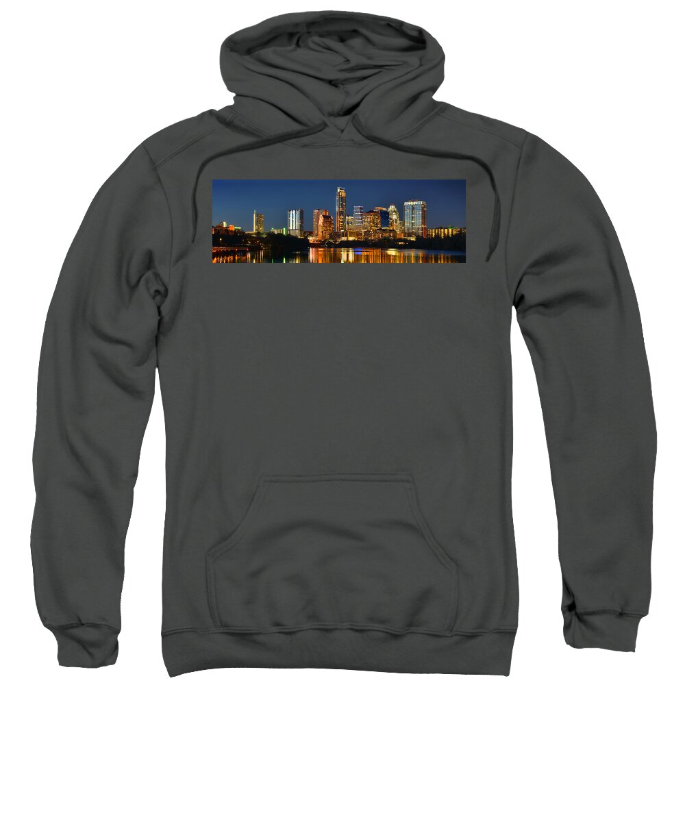 Austin Skyline Sweatshirt featuring the photograph Austin Skyline at Night Color Panorama Texas by Jon Holiday