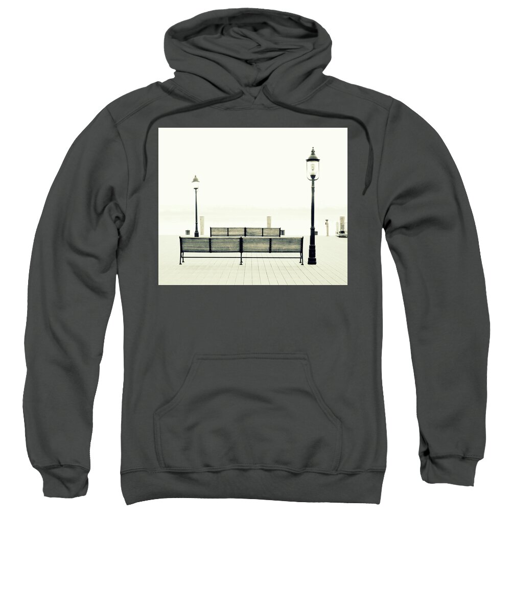 Old Town Sweatshirt featuring the photograph Benches On The Pier In Black and White by James DeFazio