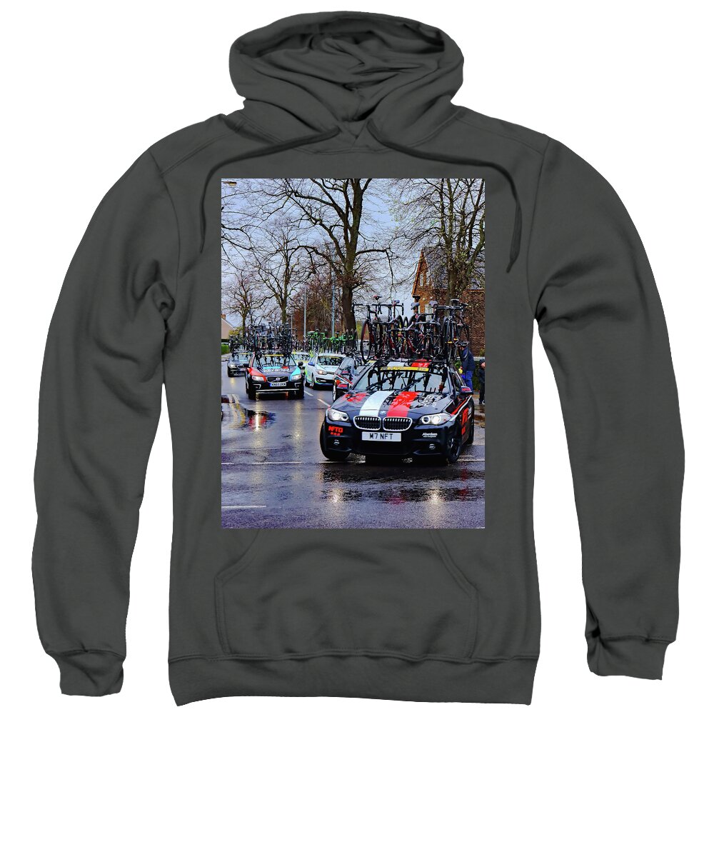 Team Sweatshirt featuring the photograph Bicycle Race Team Cars by Jeff Townsend