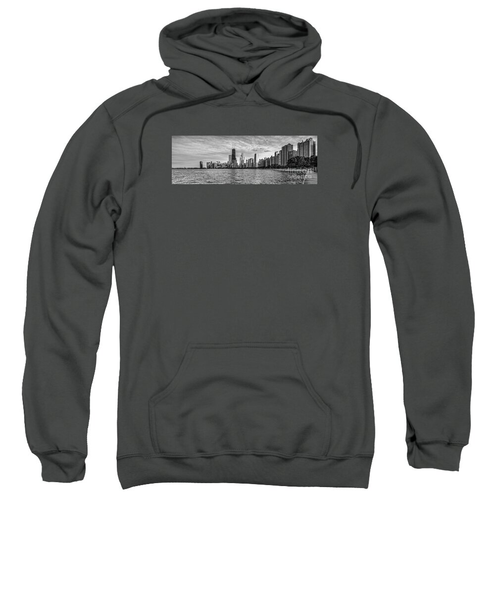 Windy Sweatshirt featuring the photograph Black and White Panorama of Chicago from North Avenue Beach Lincoln Park - Chicago Illinois by Silvio Ligutti