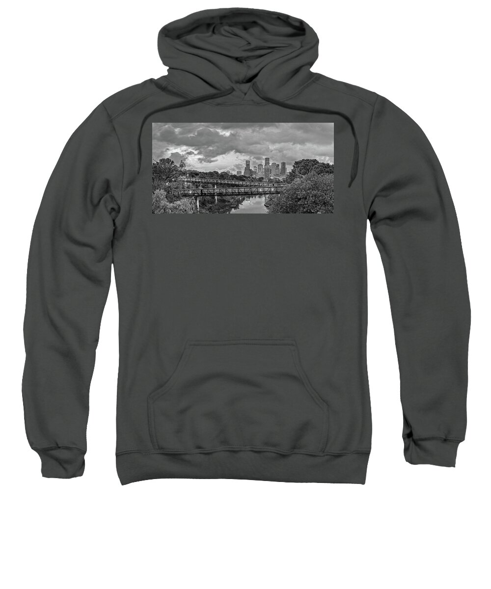 Downtown Sweatshirt featuring the photograph Black and White Panorama of Downtown Houston and Buffalo Bayou from the Studemont Bridge - Texas by Silvio Ligutti