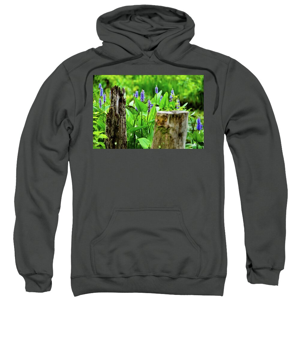 Bloom Sweatshirt featuring the photograph Blue Flowers and Artistic Logs by Dennis Dame