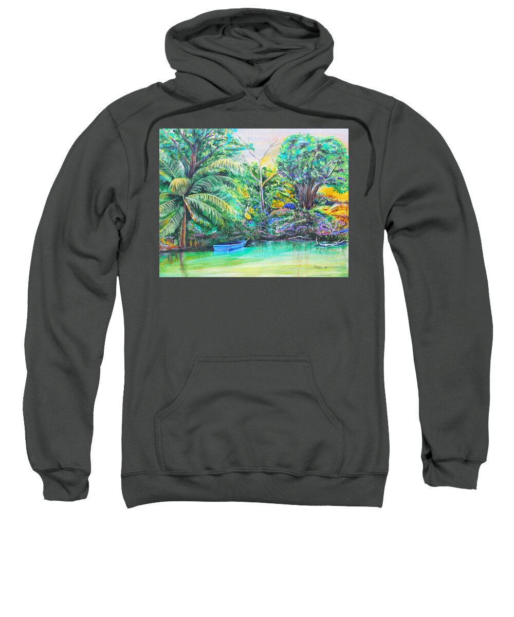 Lagoon Sweatshirt featuring the painting Blue skiff by Patricia Piffath