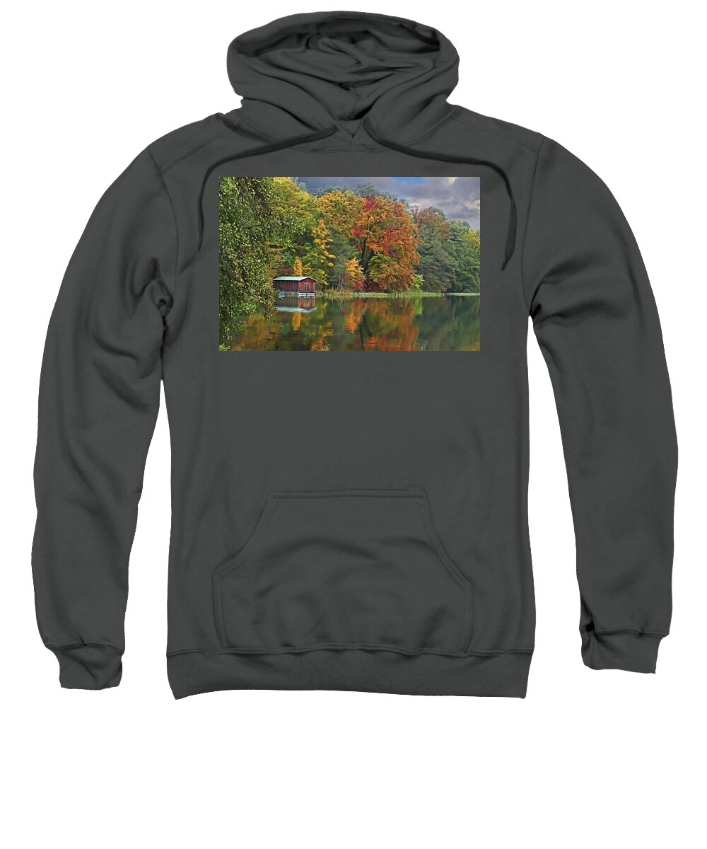 Boathouse Sweatshirt featuring the painting Boathouse by Harry Warrick