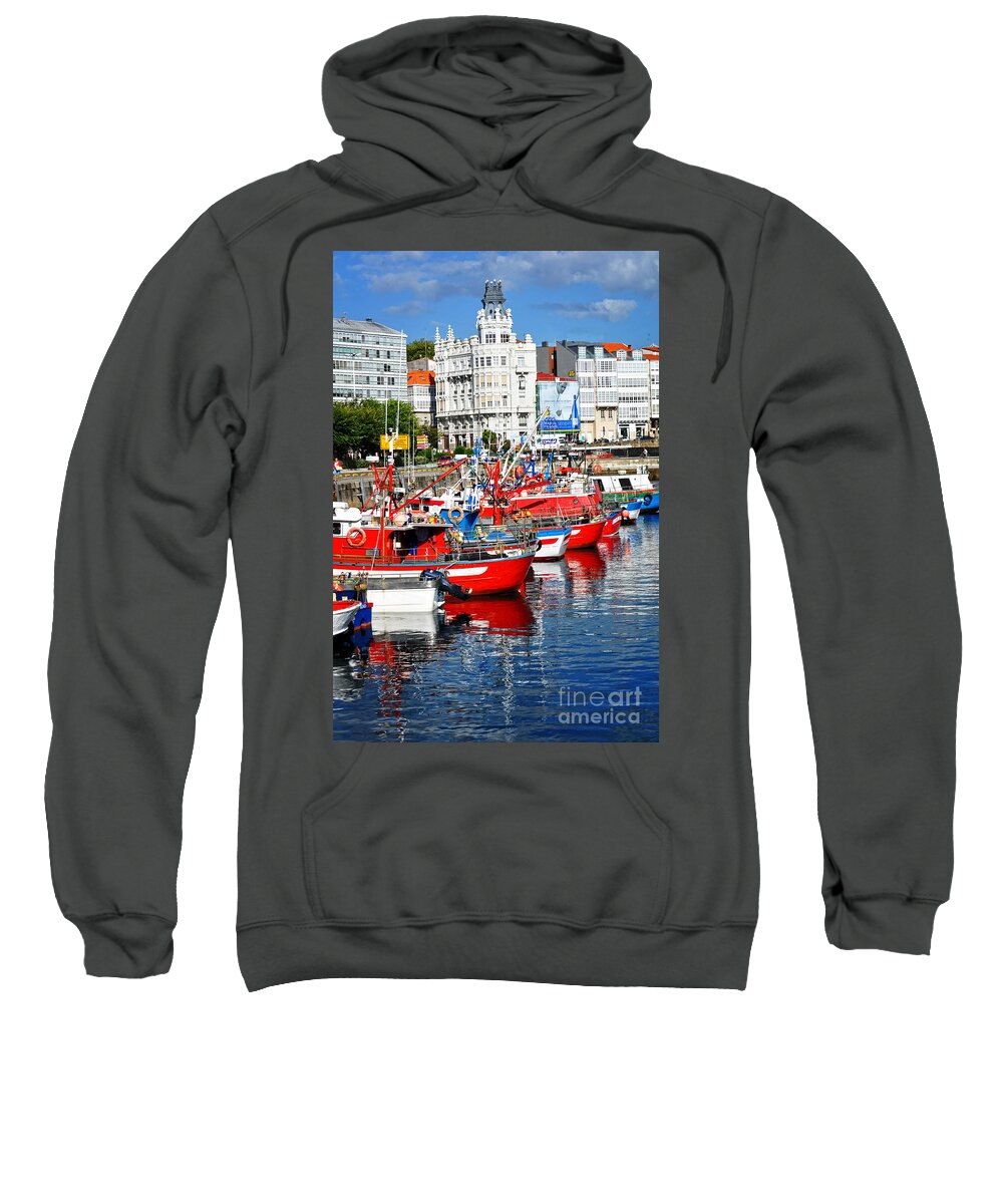 Fishing Boats Sweatshirt featuring the photograph Boats in the Harbor - La Coruna by Mary Machare