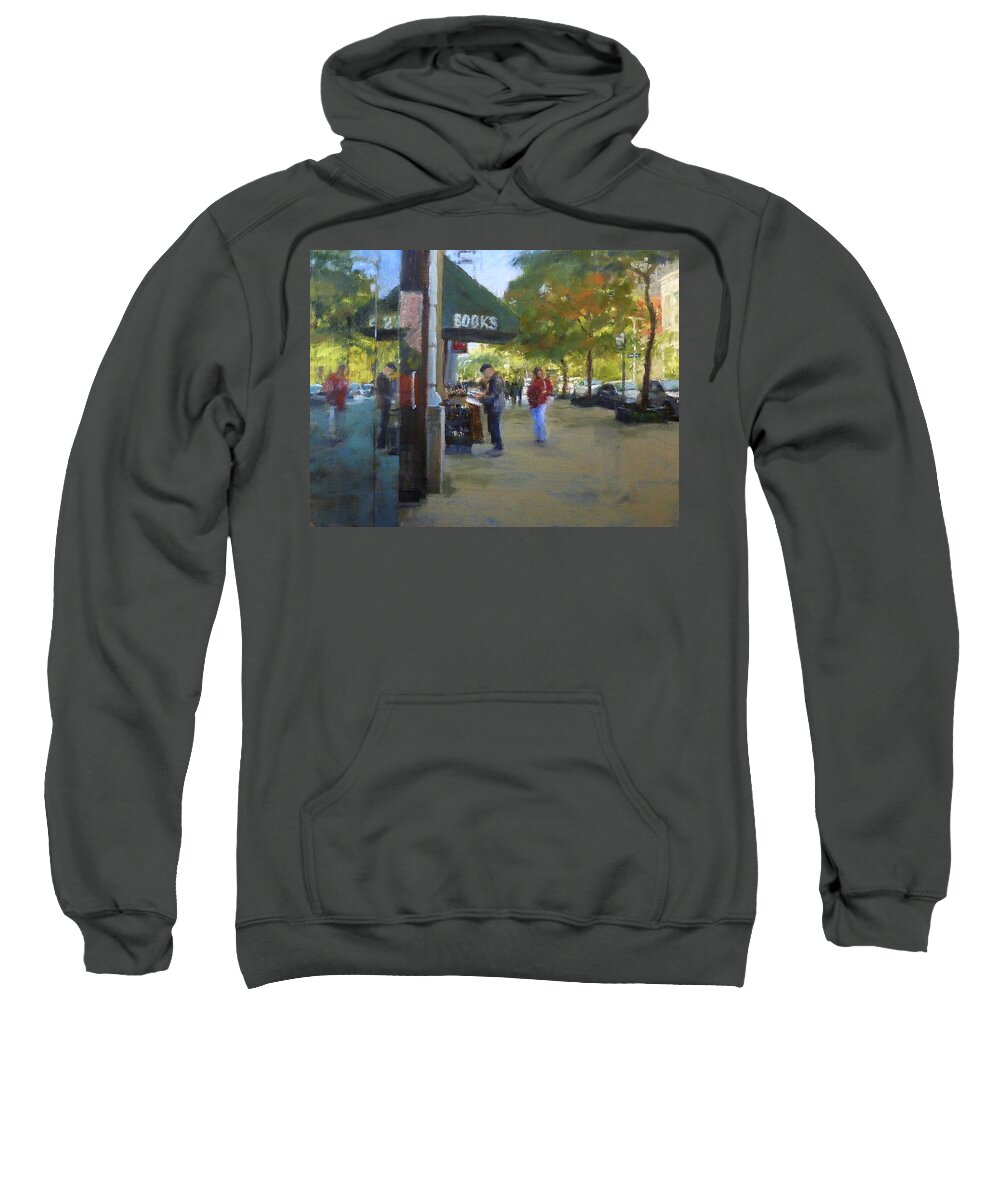 Landscape Sweatshirt featuring the painting Book Browsing on Broadway by Peter Salwen