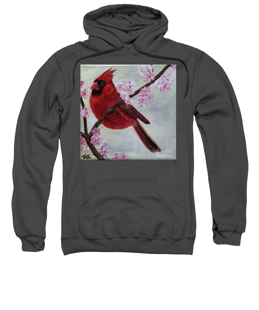 Bird Sweatshirt featuring the painting Cardinal in Cherry Blossoms by Jane Axman