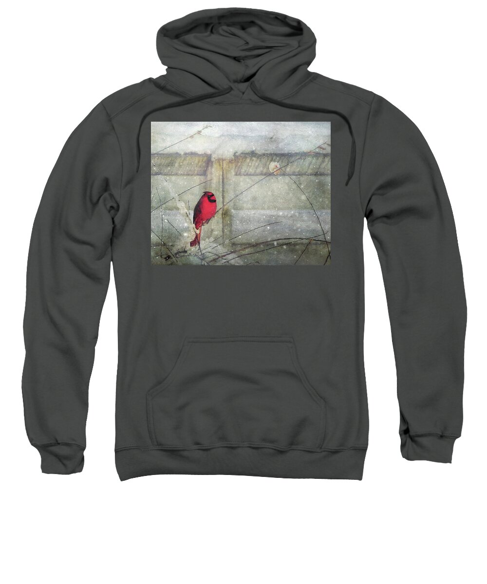 Red Sweatshirt featuring the photograph Cardinal in Snow by Joan Baker