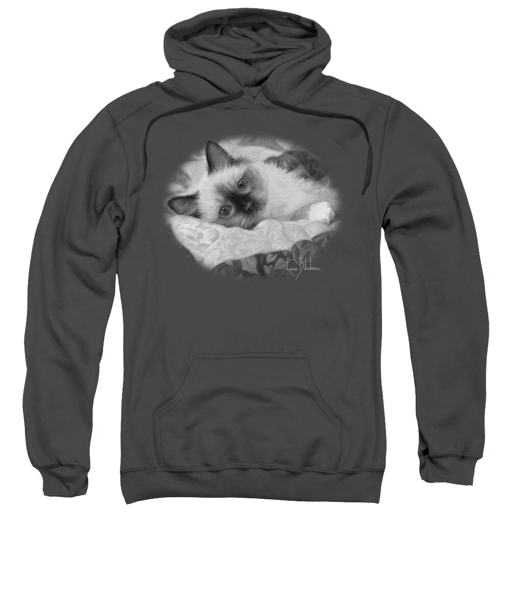 Cat Sweatshirt featuring the painting Charming - Black and White by Lucie Bilodeau