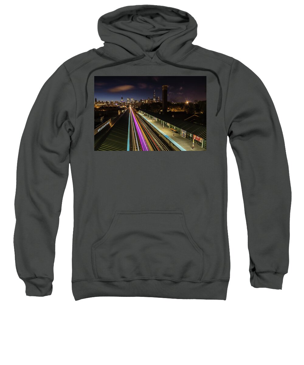 Chicago Sweatshirt featuring the photograph Chicago skyline and train lights by Sven Brogren