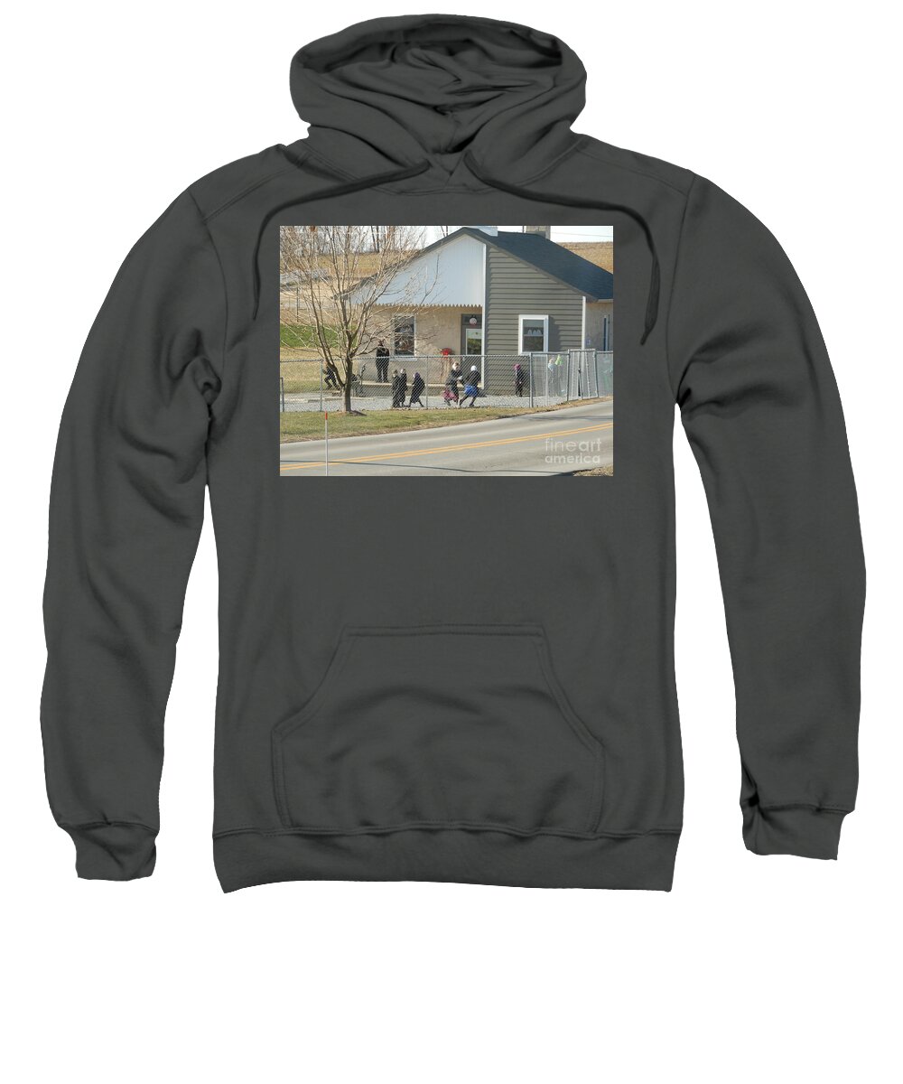 Amish Sweatshirt featuring the photograph Christmastime at the Schoolhouse by Christine Clark
