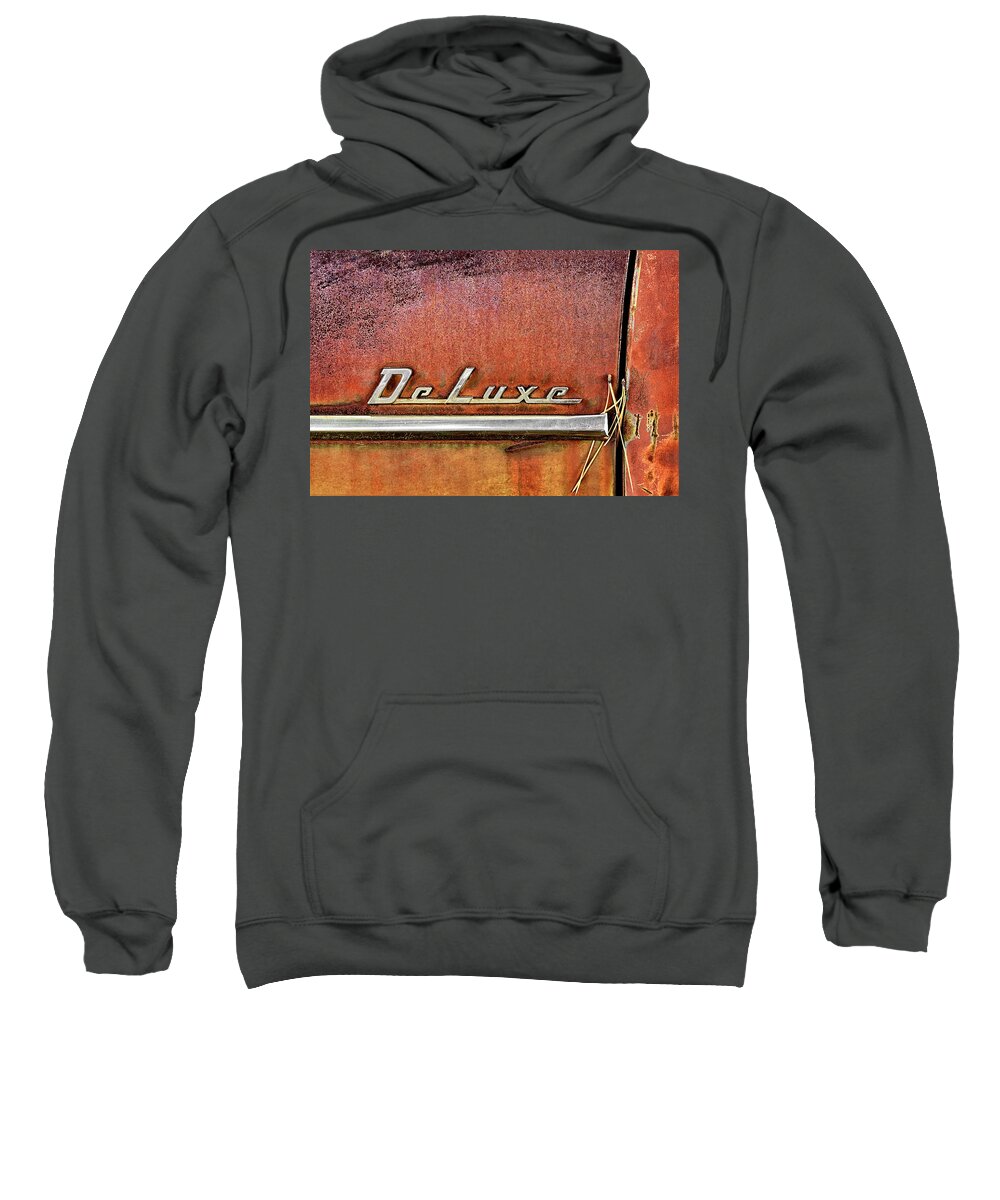 Chrome Sweatshirt featuring the photograph Chrome DeLuxe Words on an Old Rusty Vehicle by C VandenBerg