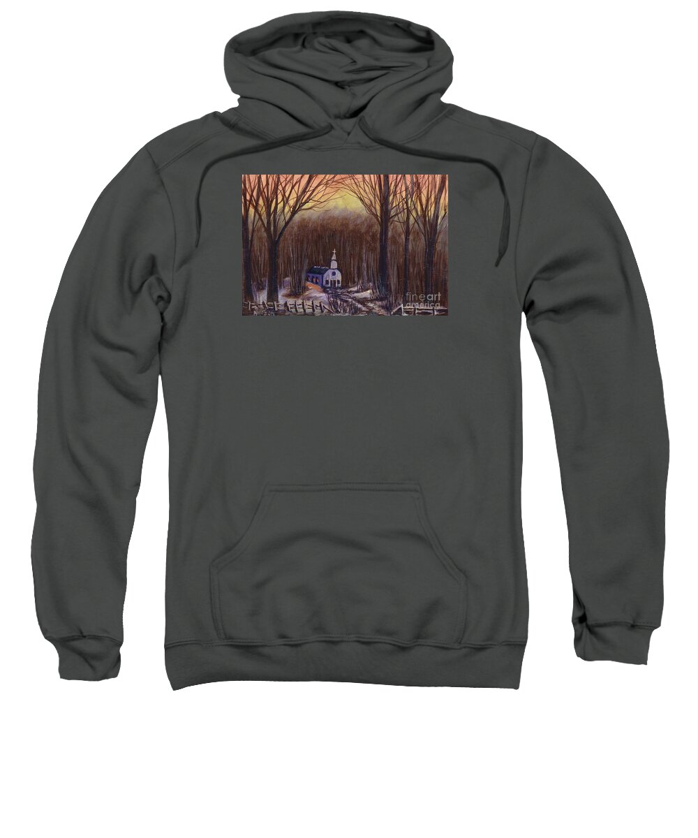 #church #forest #snow #rural #snow #christmas #trees #winter Sweatshirt featuring the painting Church in the Woods by Allison Constantino