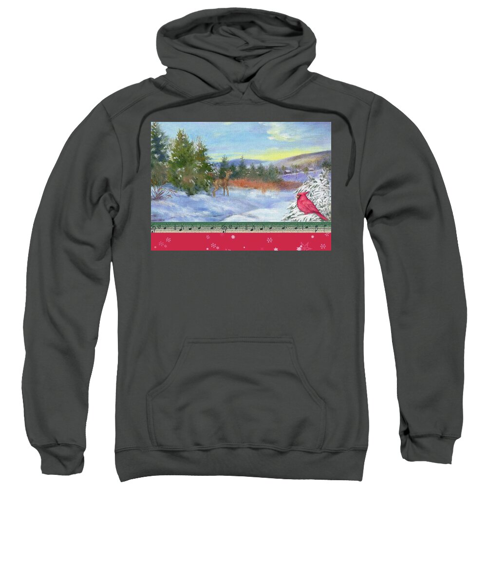 Snowscape Sweatshirt featuring the painting Classic Winterscape with cardinal and reindeer by Judith Cheng