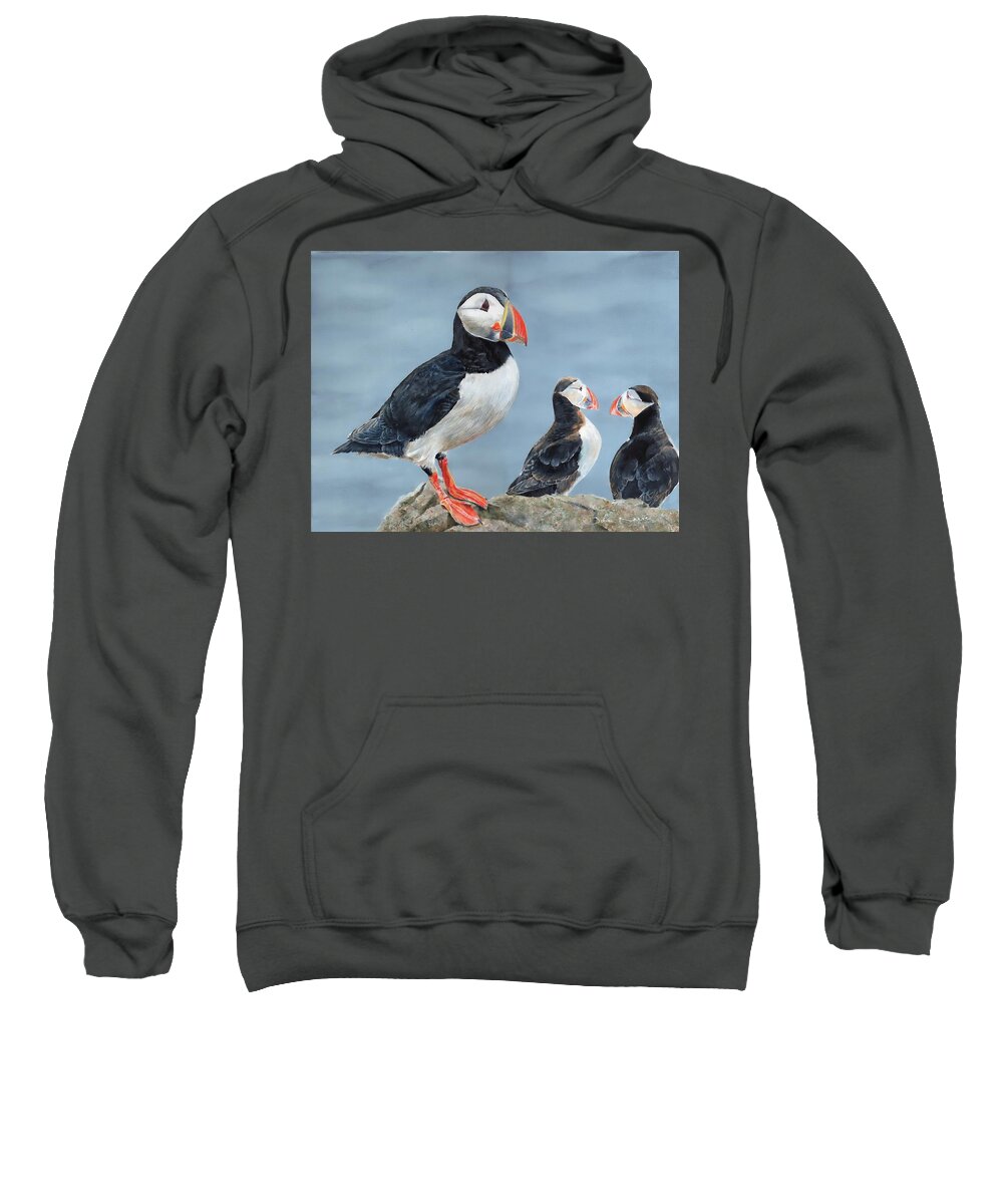 Puffin Sweatshirt featuring the painting Clowns of the Sea. by John Neeve