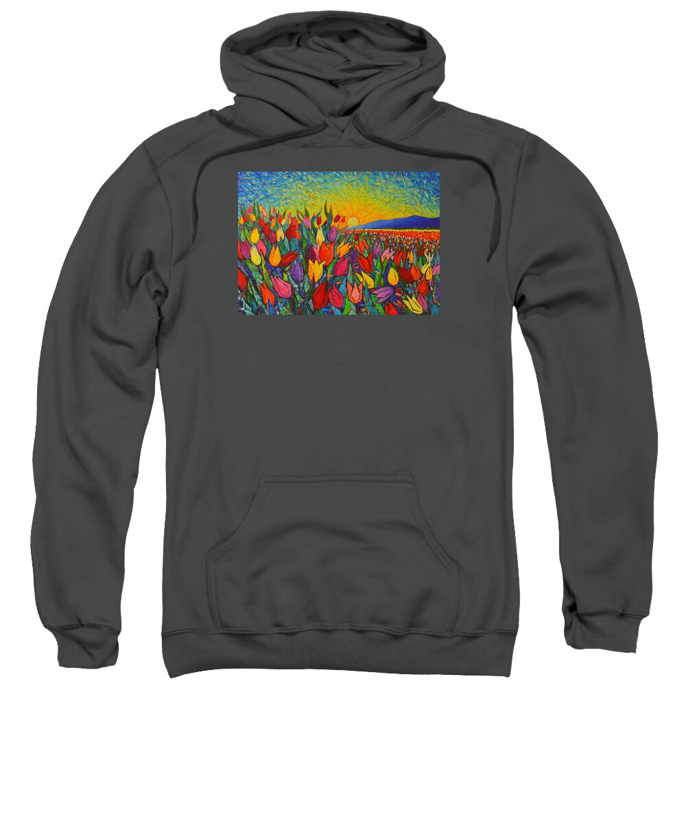 Tulip Sweatshirt featuring the painting Colorful Tulips Field Sunrise - Abstract Impressionist Palette Knife Painting By Ana Maria Edulescu by Ana Maria Edulescu