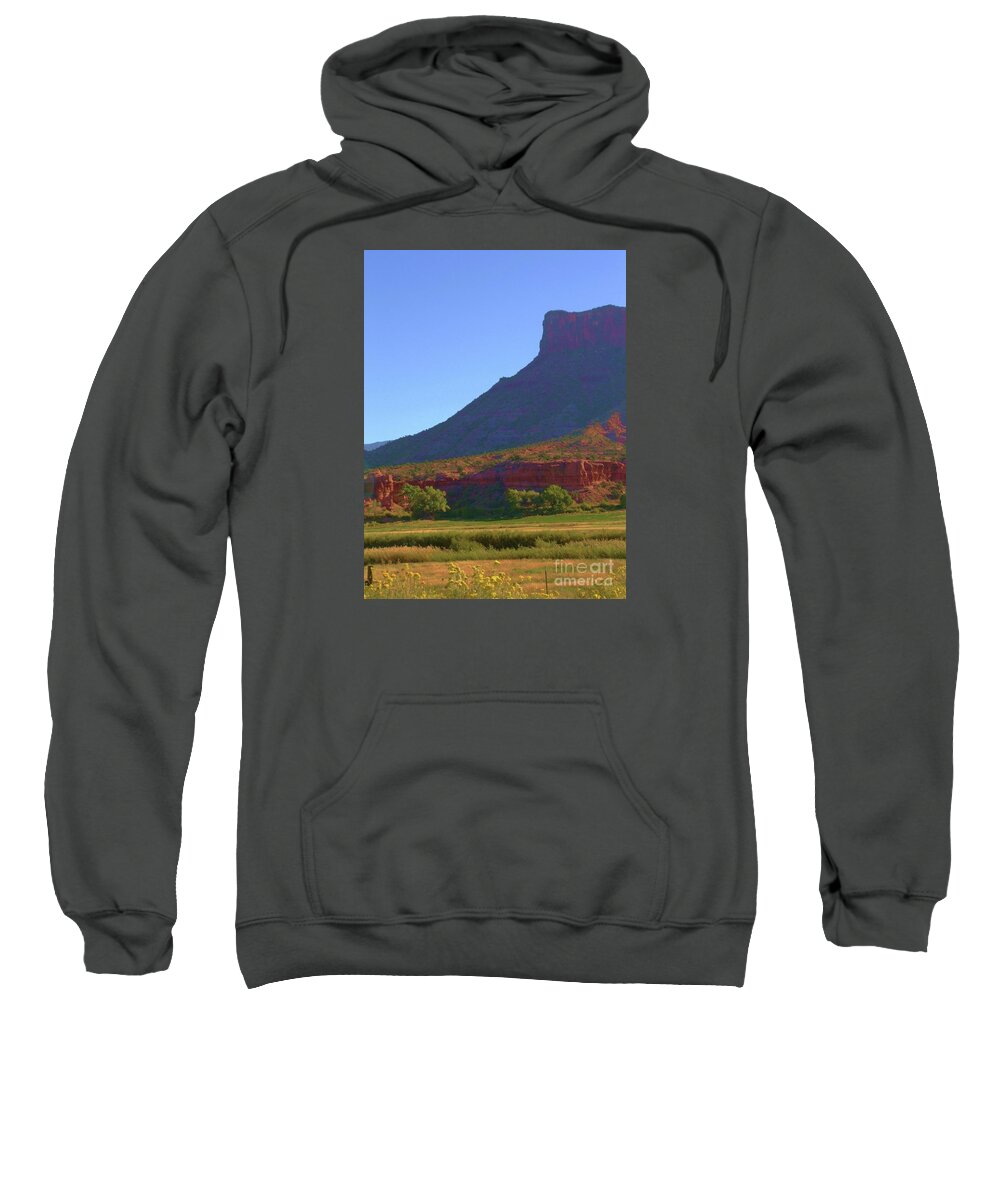 Red Sandstone Butte With Cool Shadows Deloros River Basin Colorado Sweatshirt featuring the digital art Cool Shadows on Butte by Annie Gibbons