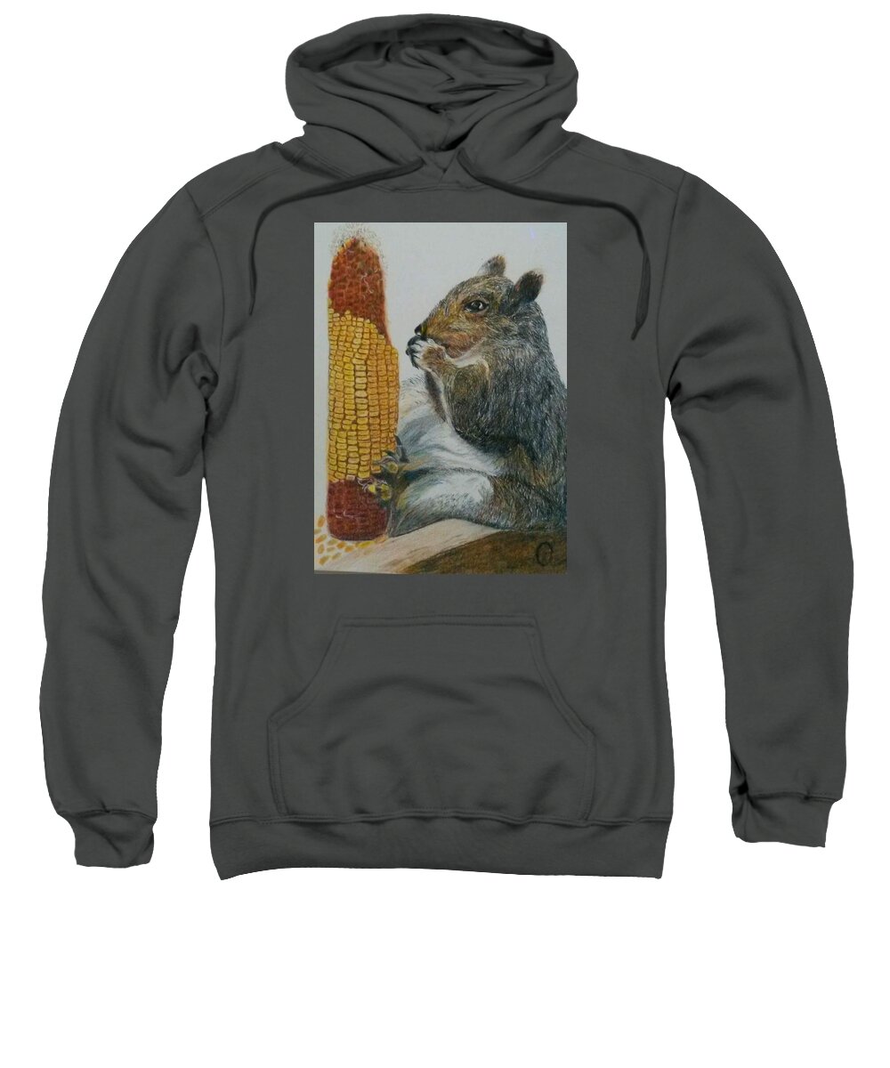 Squirrel....corn Cob...colored Pencil...backyard Critters...fur Sweatshirt featuring the painting Corny by Karen Drake