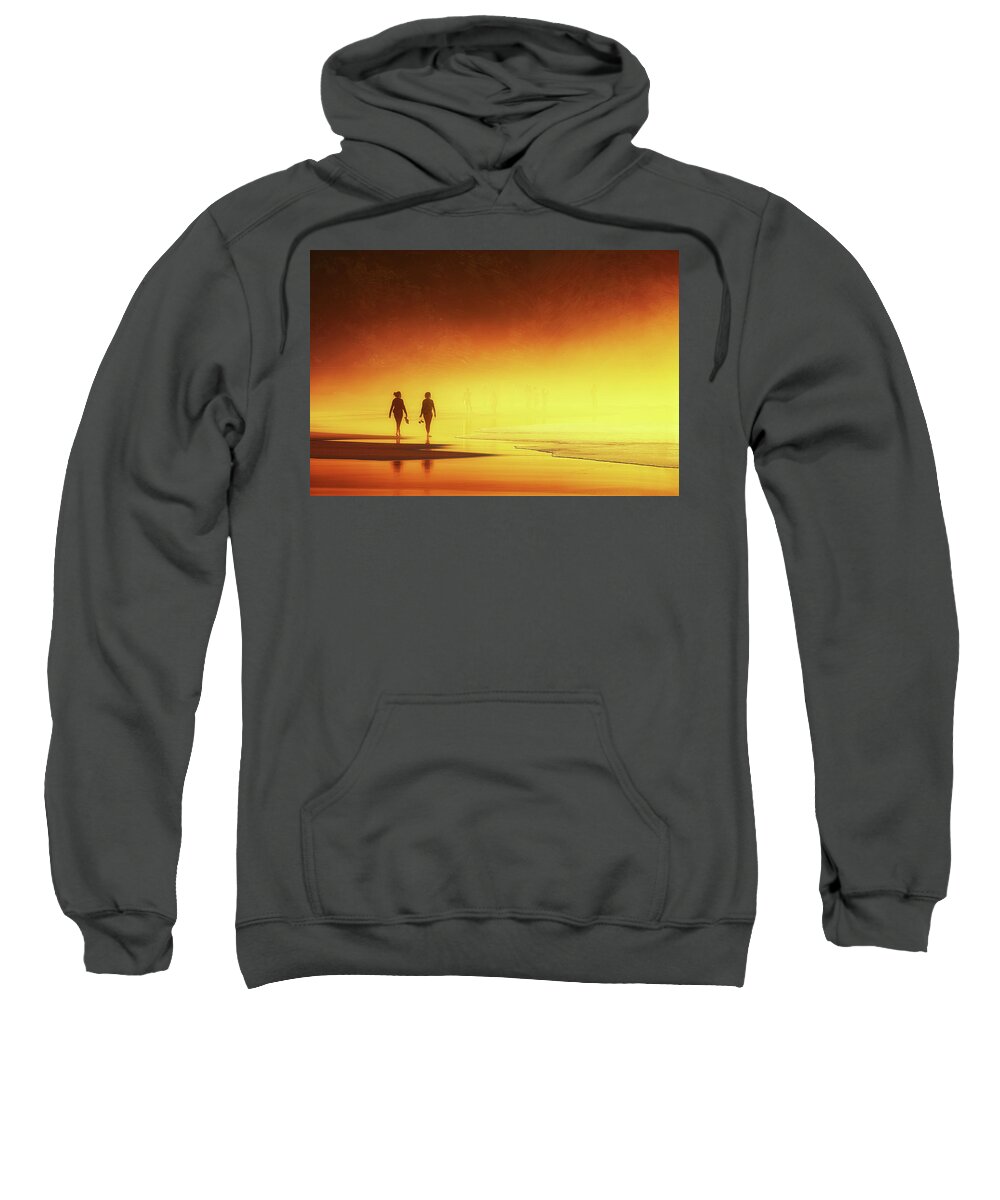 Woman Sweatshirt featuring the photograph Couple Of Women Walking On Beach by Mikel Martinez de Osaba