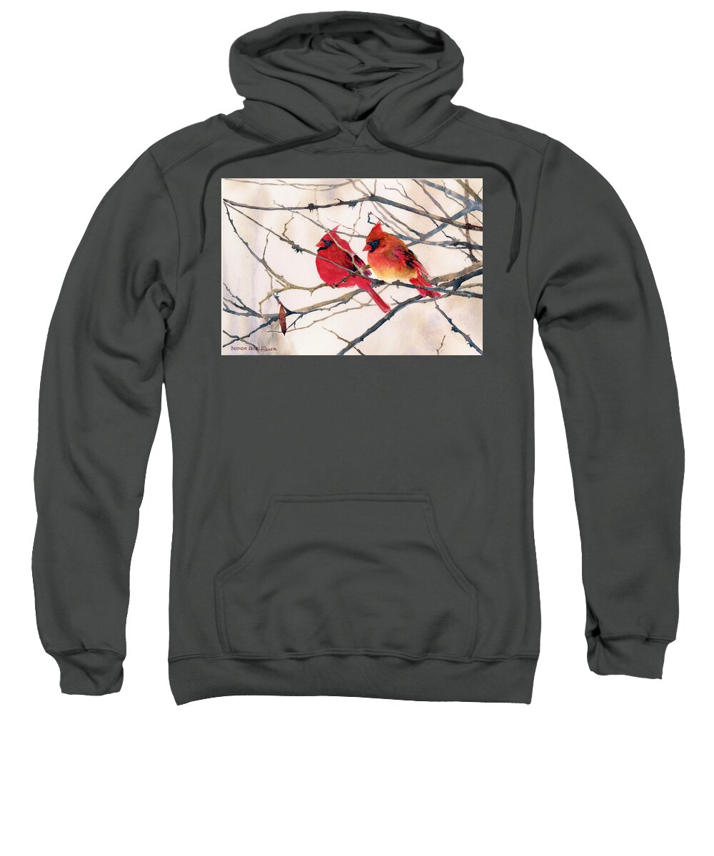 Male And Female Cardinals Sitting Side By Side On A Tree Branch. Sweatshirt featuring the painting Cozy Couple by Brenda Beck Fisher