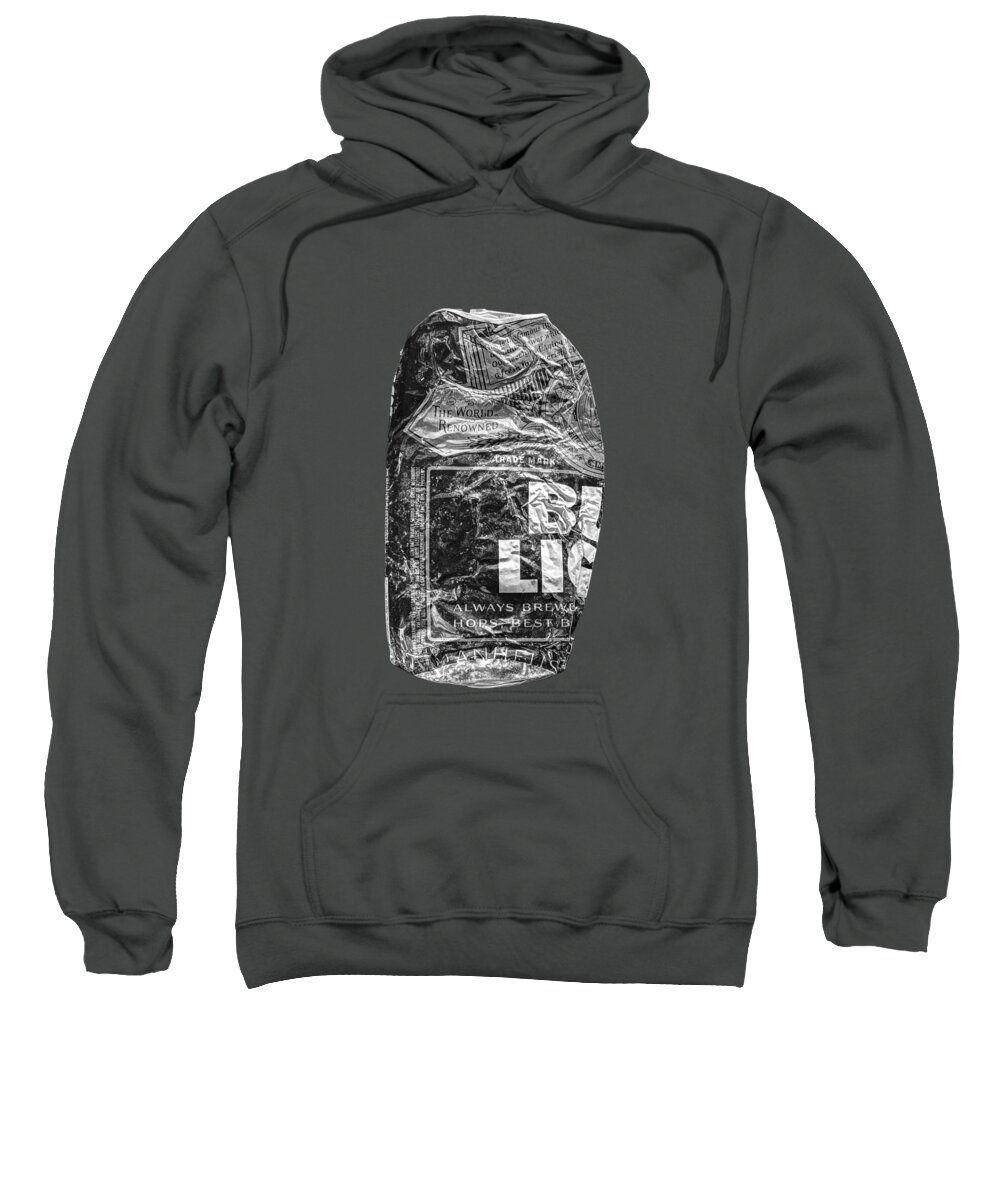 Black Sweatshirt featuring the photograph Crushed Blue Beer Can on Plywood 78 in BW by YoPedro