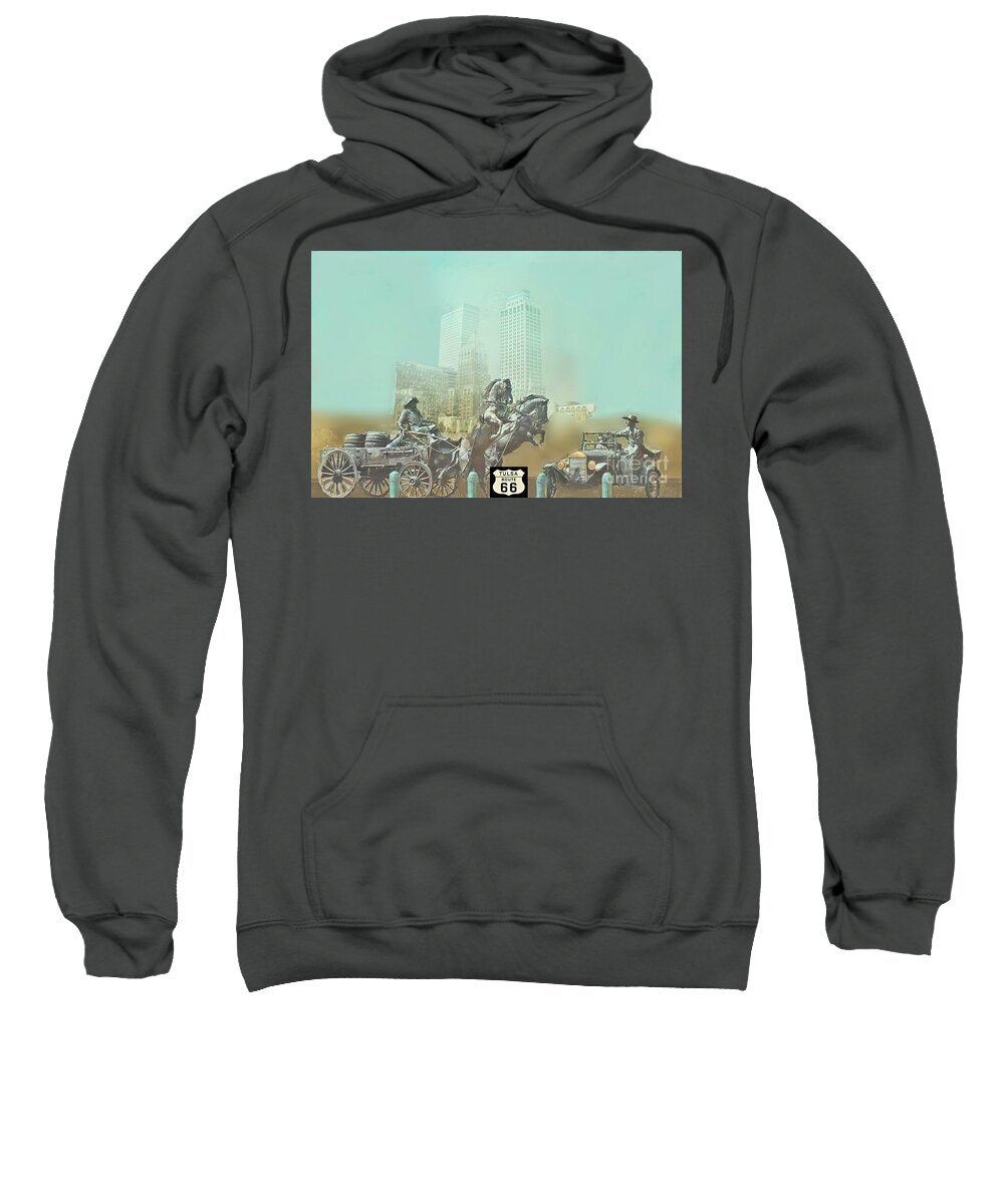 Cyrus Avery Sweatshirt featuring the digital art Cyrus Avery Centennial Plaza Route 66 by Janette Boyd