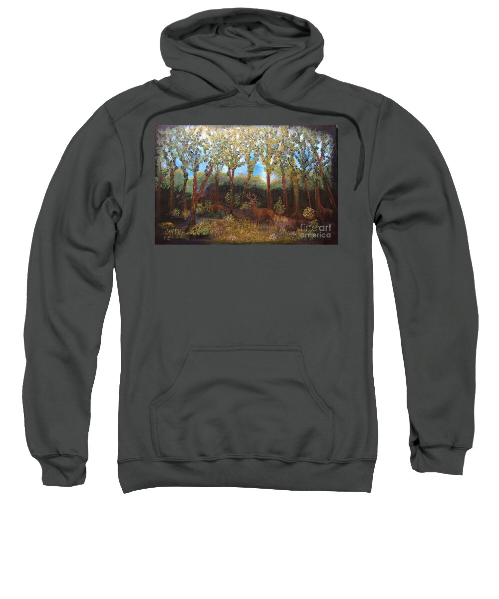 Deer Sweatshirt featuring the painting Deer In Woods by Monika Shepherdson