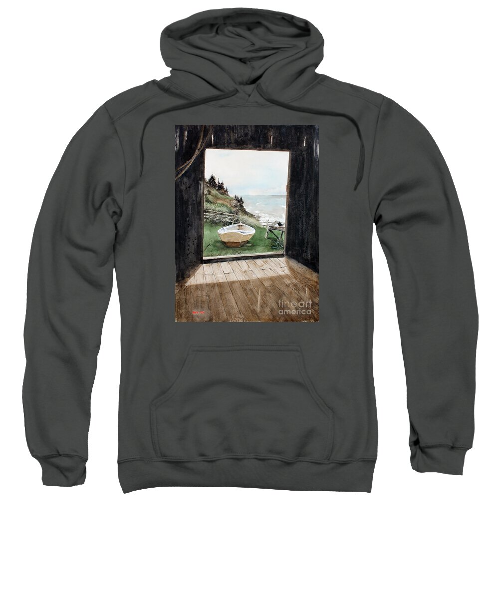 An Old Barn Frames Up An Image Of A Fisherman's Dry Docked Boat And The Rugged Shore Line And Ocean In The Distance. Sweatshirt featuring the painting Dry Docked by Monte Toon