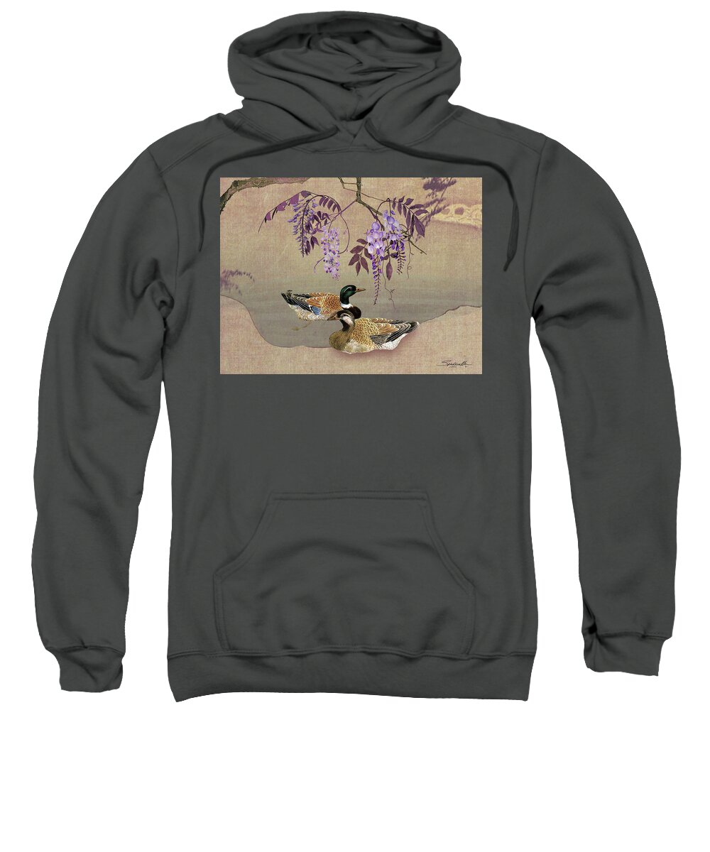 Duck Sweatshirt featuring the digital art Ducks Under Wisteria Tree by M Spadecaller