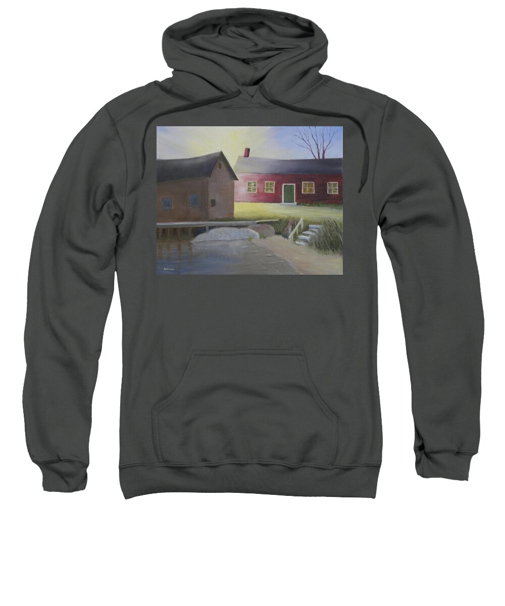Landscape Water Barn Workshop Rocks Shoreline Bright Sun Dock Sweatshirt featuring the painting Early Morning Sun At The Shop by Scott W White