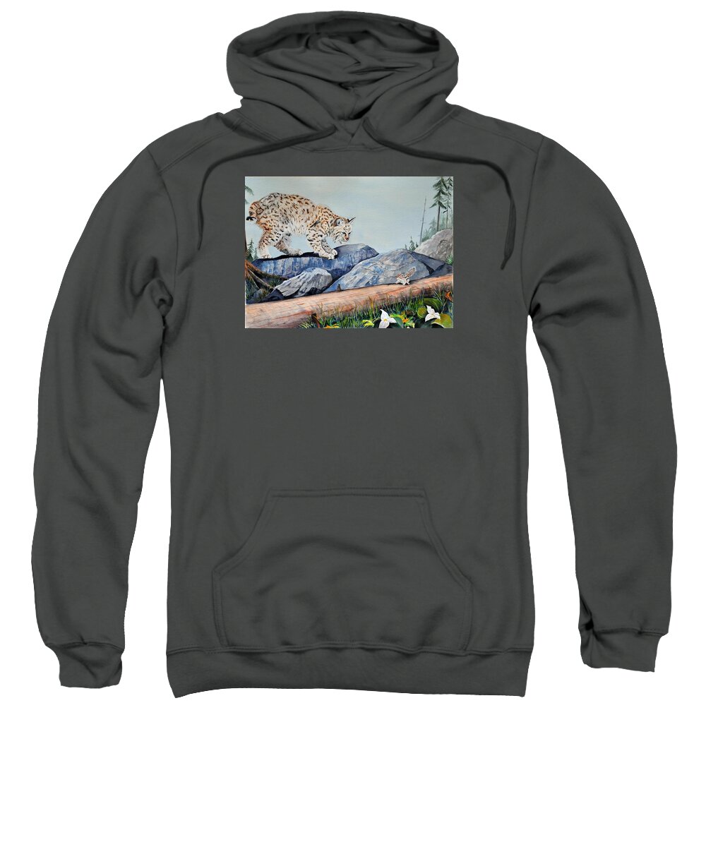 Bobcat Sweatshirt featuring the painting Early Morning Surprise by John W Walker