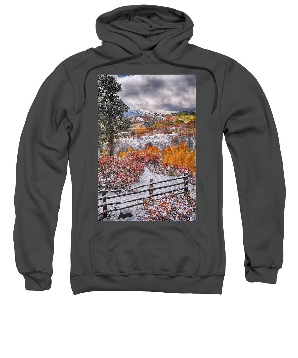 Dallas Divide Sweatshirt featuring the photograph Early Snowfall at Dallas Divide by Priscilla Burgers