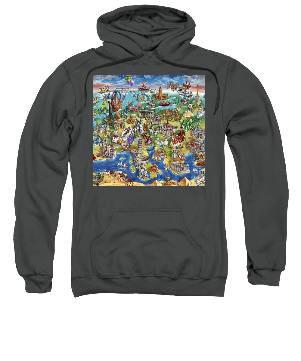 Europe Sweatshirt featuring the painting European World Wonders Illustrated Map by Maria Rabinky