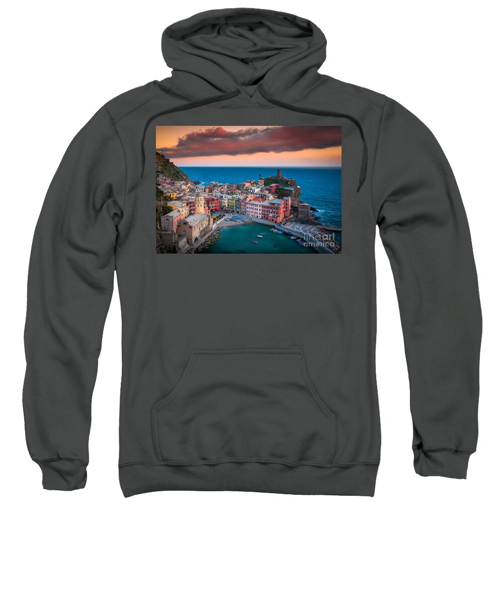 Cinque Terre Sweatshirt featuring the photograph Evening rolls into Vernazza by Inge Johnsson