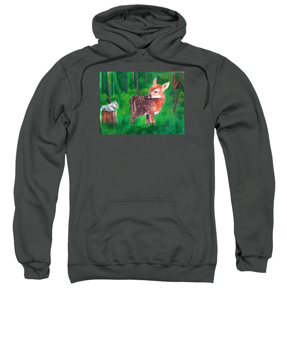 Fawn Sweatshirt featuring the painting Fawn with squirrel by Ellen Canfield