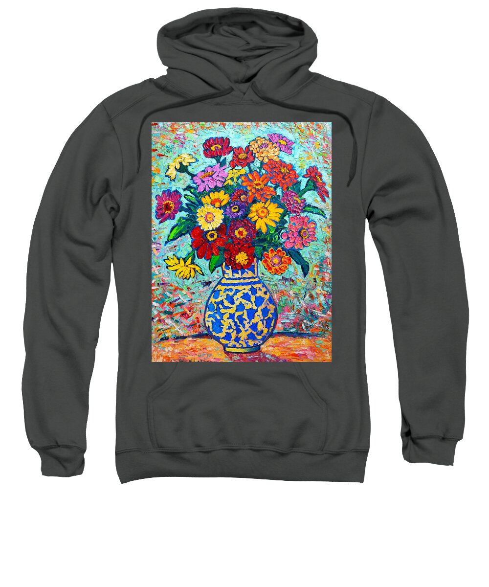 Flowers Sweatshirt featuring the painting Flowers - Colorful Zinnias Bouquet by Ana Maria Edulescu