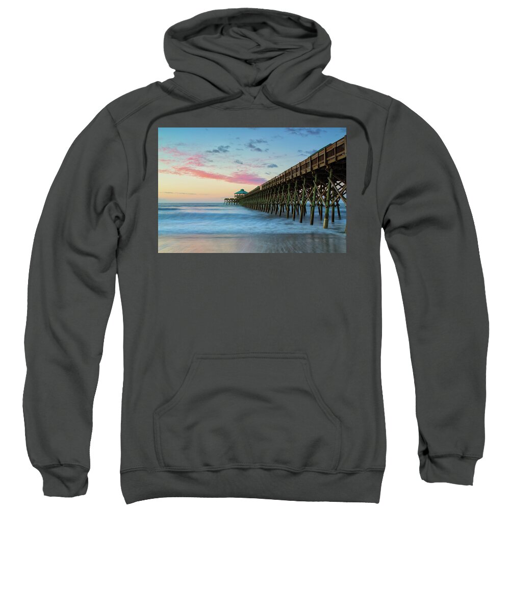 Folly Beach Pier Sweatshirt featuring the photograph Folly Beach Sunrise by Nancy Dunivin