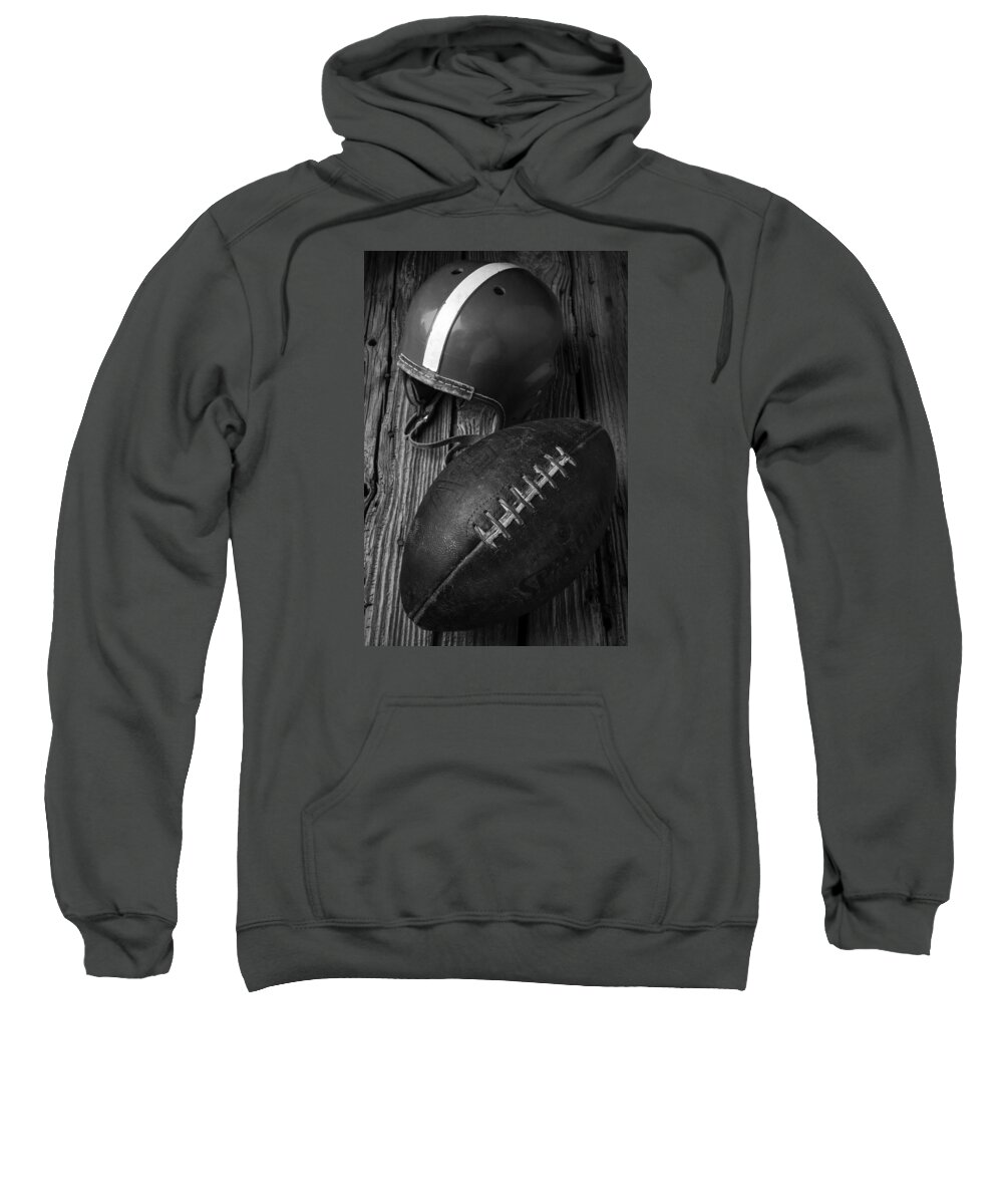 Red Sweatshirt featuring the photograph Football And Helmet In Black And White by Garry Gay
